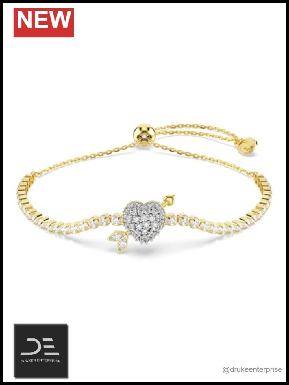 Swarovski Crystal Tennis Chain Bracelet, Gold Plated, Heart with Arrow Charm